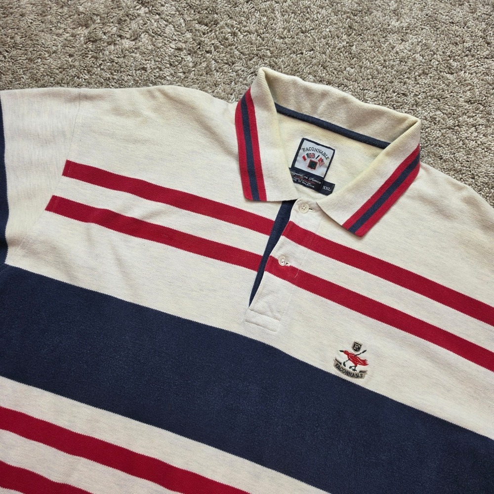 Faconnable‎ Striped Polo Shirt Mens XXL Cream Navy Red Albert Goldberg Pique